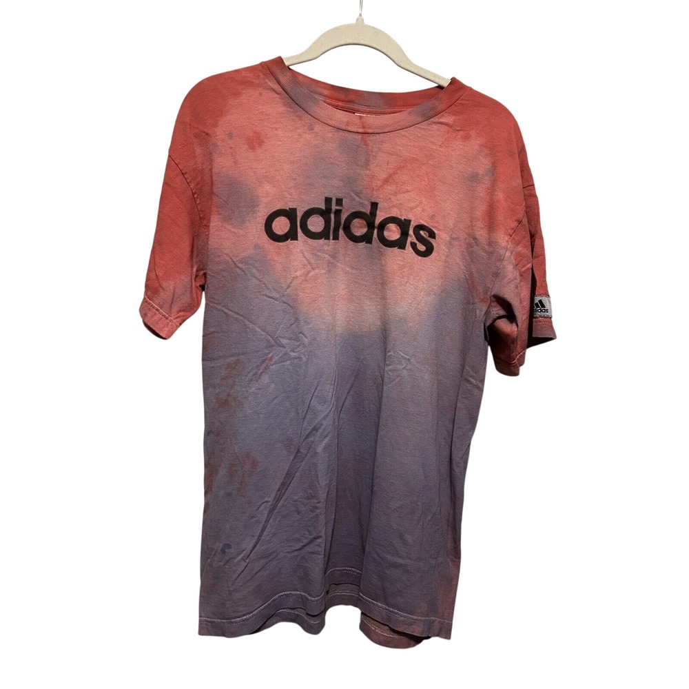 Adidas Shirt Mens S Tie Dye Spell Out Logo Soccer Graphic Tee Pink Red Ombre Y2K